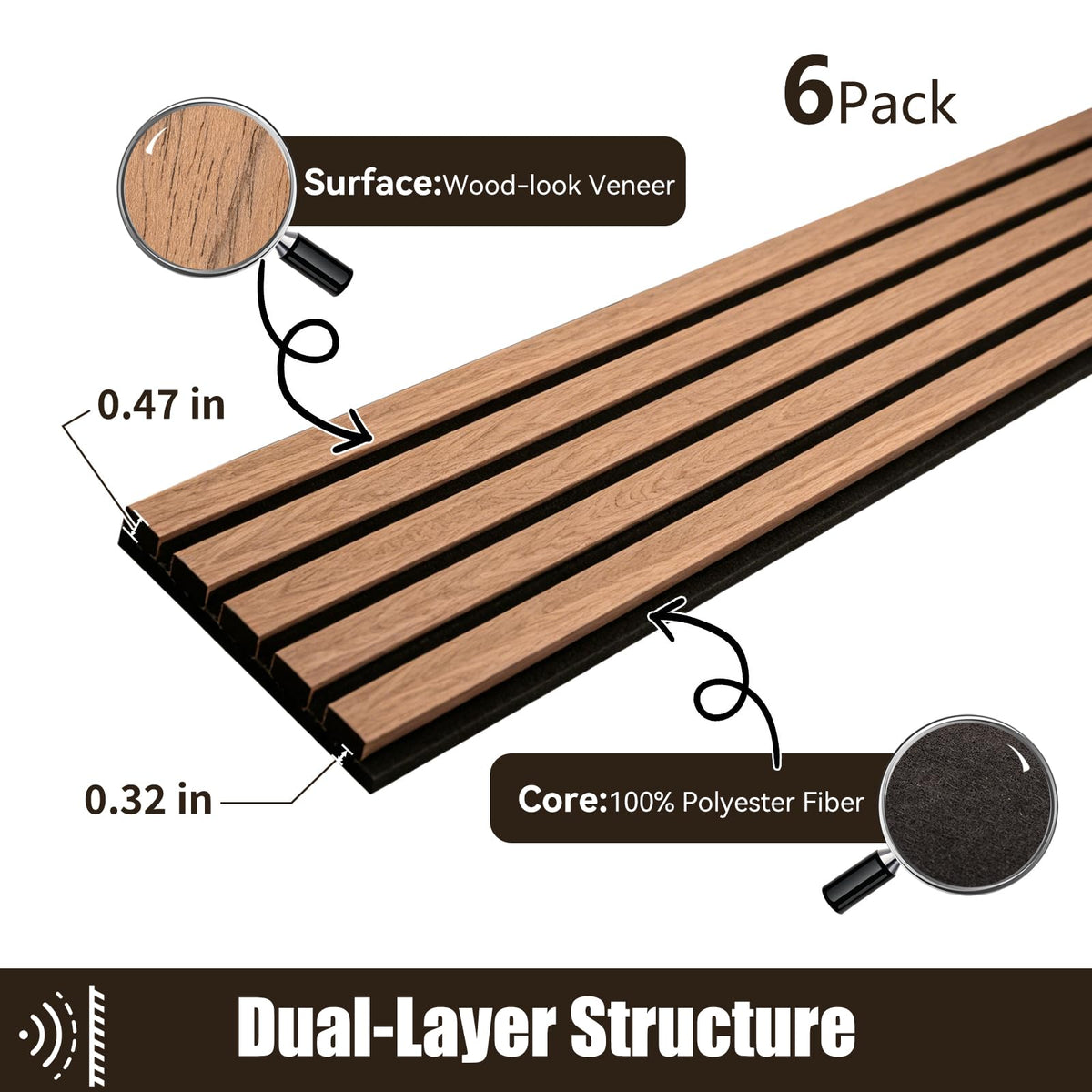 ZThrgran 6-Piece Wood Slat Acoustic Wall Panels, 94.5"x7.9" 3D Textured Accent Strips for Room Decor and Noise Reduction, Walnut