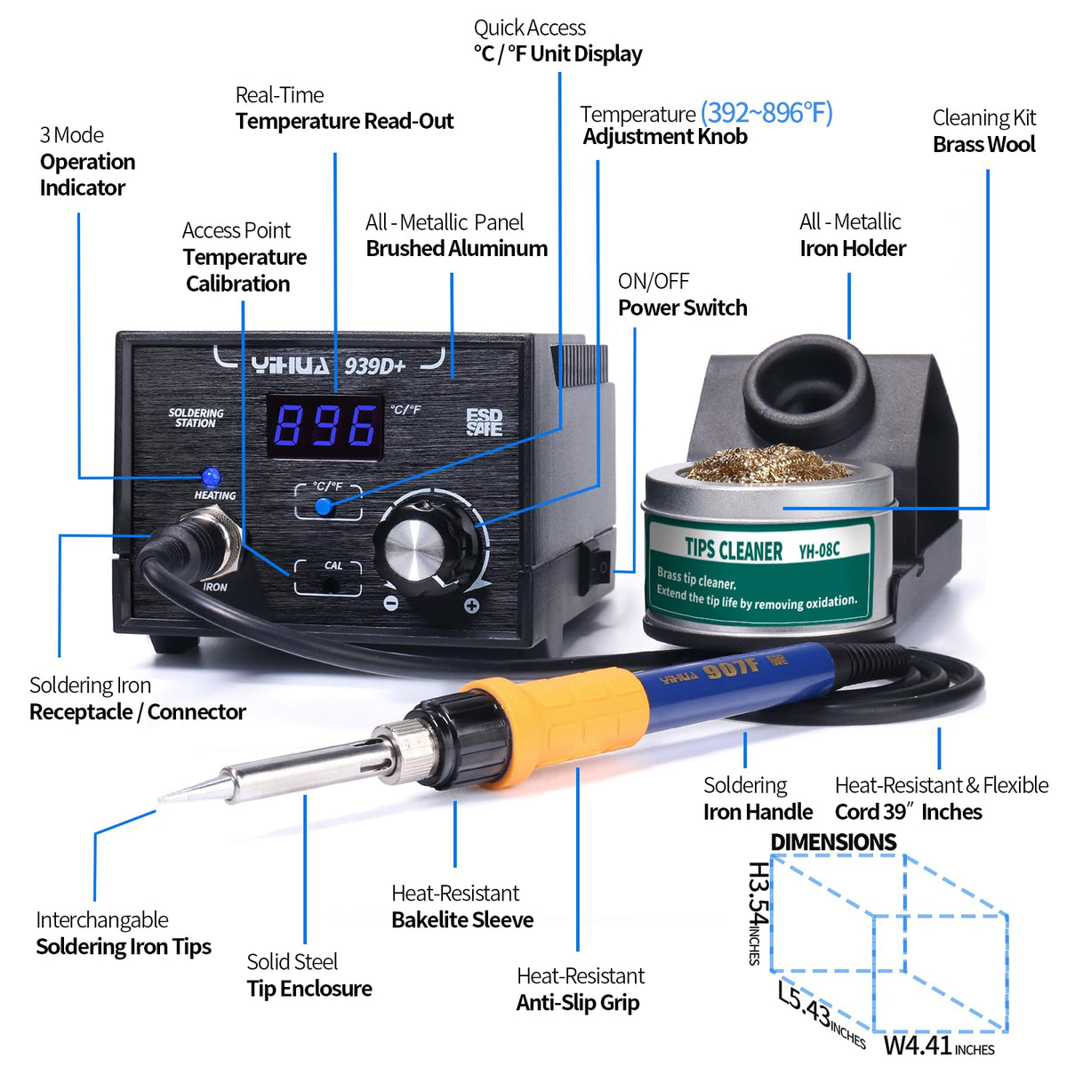 YIHUA 939D+ Professional Soldering Station bundle with YIHUA 959D-Digital Hot Air Rework Station and Accessories (18 Items)
