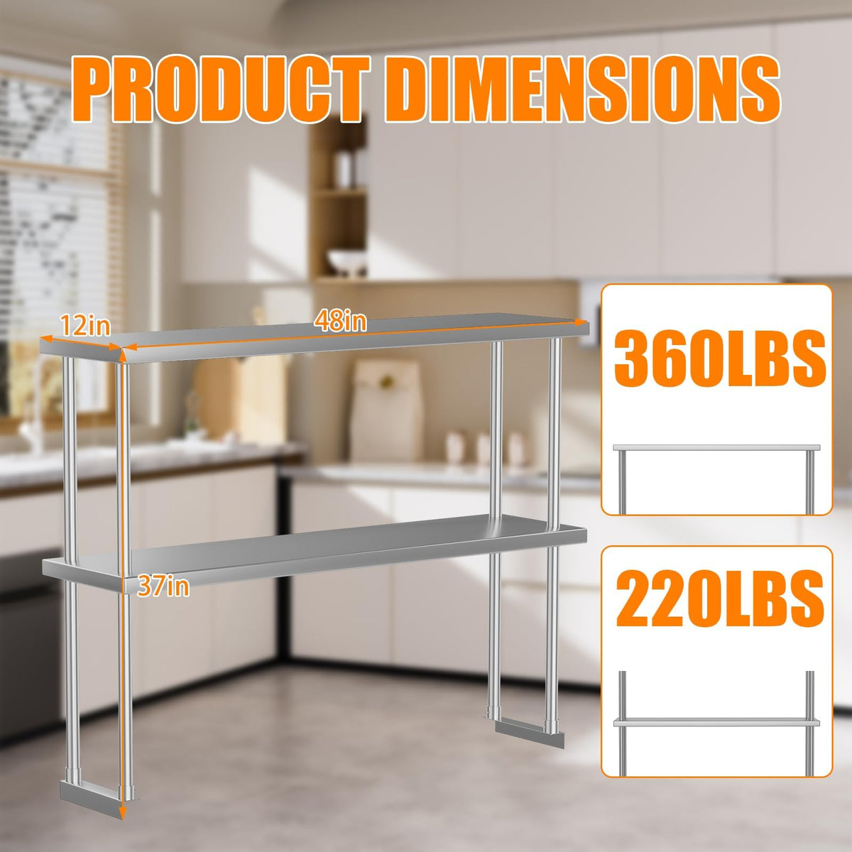 MilleLoom Overshelves, Stainless Steel 12'' x 48'' Overshelf, Commercial 2 Tier Shelf for Prep & Work Table in Restaurant, Home and Kitchen