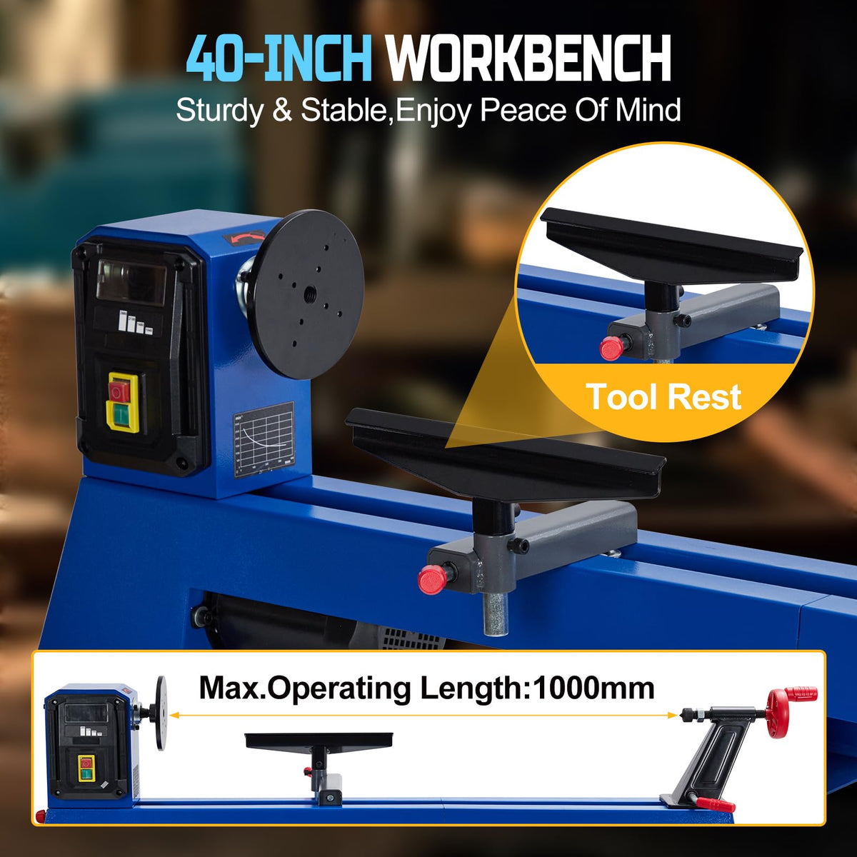 Garvee Wood Lathe, 14 in x 40 in Benchtop Wood Lathe Machine 0.5 HP Infinitely Variable Speed 1040-2980 RPM, Wood Turning Lathe Machine with Wrench & 2 Chisels for Woodworking, Woodturning
