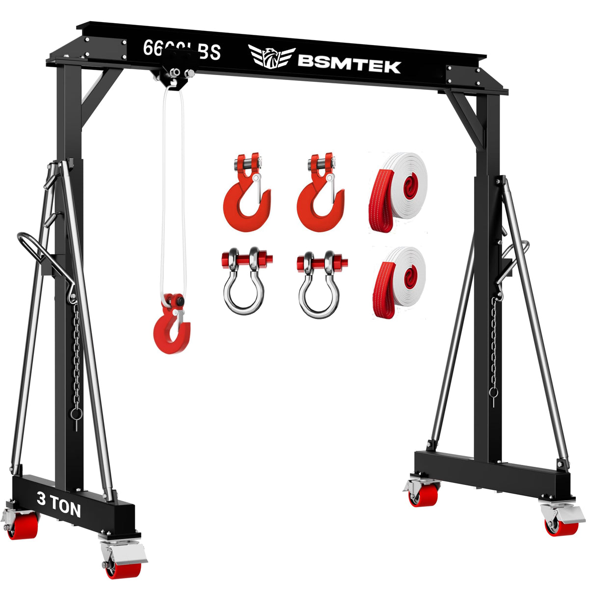 BSMTEK 3 Ton 6600LBS Gantry Crane, Upgraded Trolley, Adjustable Height (8.53-12.47 FT), Width (8.53 FT), Steel I-Beam Construction, Portable Shop Hoist for Factory, Warehouses, Repair