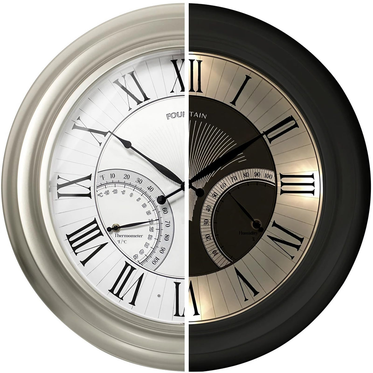 FOUNTAIN DESIGNS 24 Inch Outdoor Clocks Waterproof, Self-Illuminated Large Outdoor Clock with Thermometer and Hygrometer Combo for Patio,Pool and Garden Decor,Roman Numeral,Morning Silver