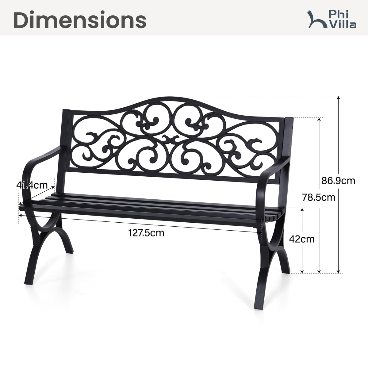 PHI VILLA 50-Inch Cast Iron Steel Frame Garden Bench Outdoor Patio Bench Chair w/Floral Design Backrest, Slatted Seat for Park, Yard & Porch, Black