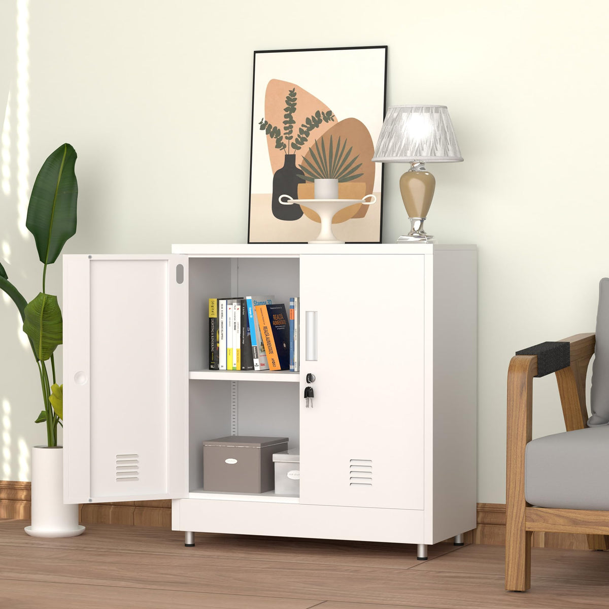 JINKUR Metal Storage Cabinet with Locking Doors and Adjustable Shelf, Small Lockable Sideboard Buffet Cabinet for Home, Office, Entryway, Hallway, Living Room, Kitchen and Dining Room, White