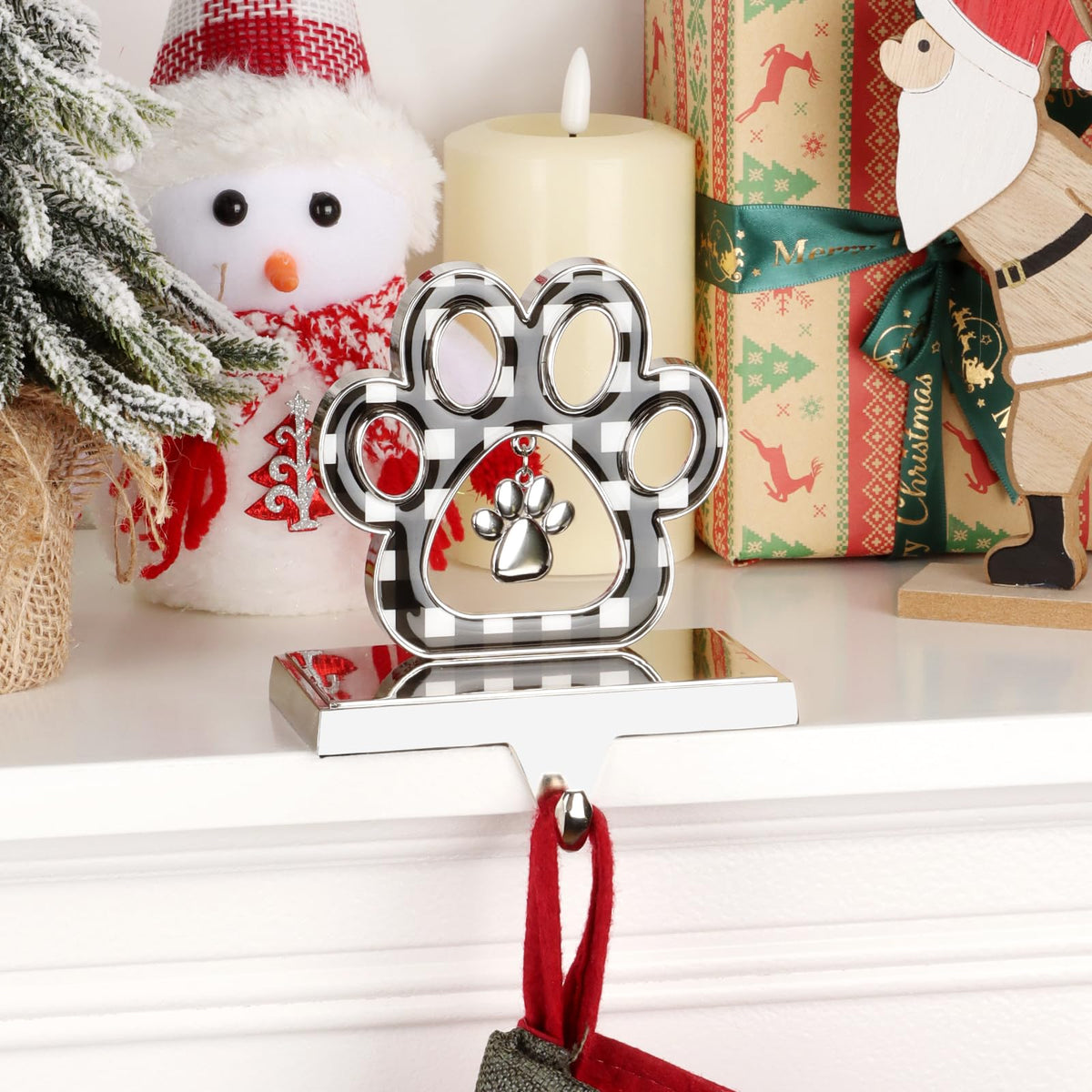Abilat Dog Paw Christmas Stocking Holder, 3D Silver Metal Stocking Holder with Pendant Black Buffalo Plaid Pet Stocking Hangers for Mantle Fireplace Table Christmas Decoration (Black and White)
