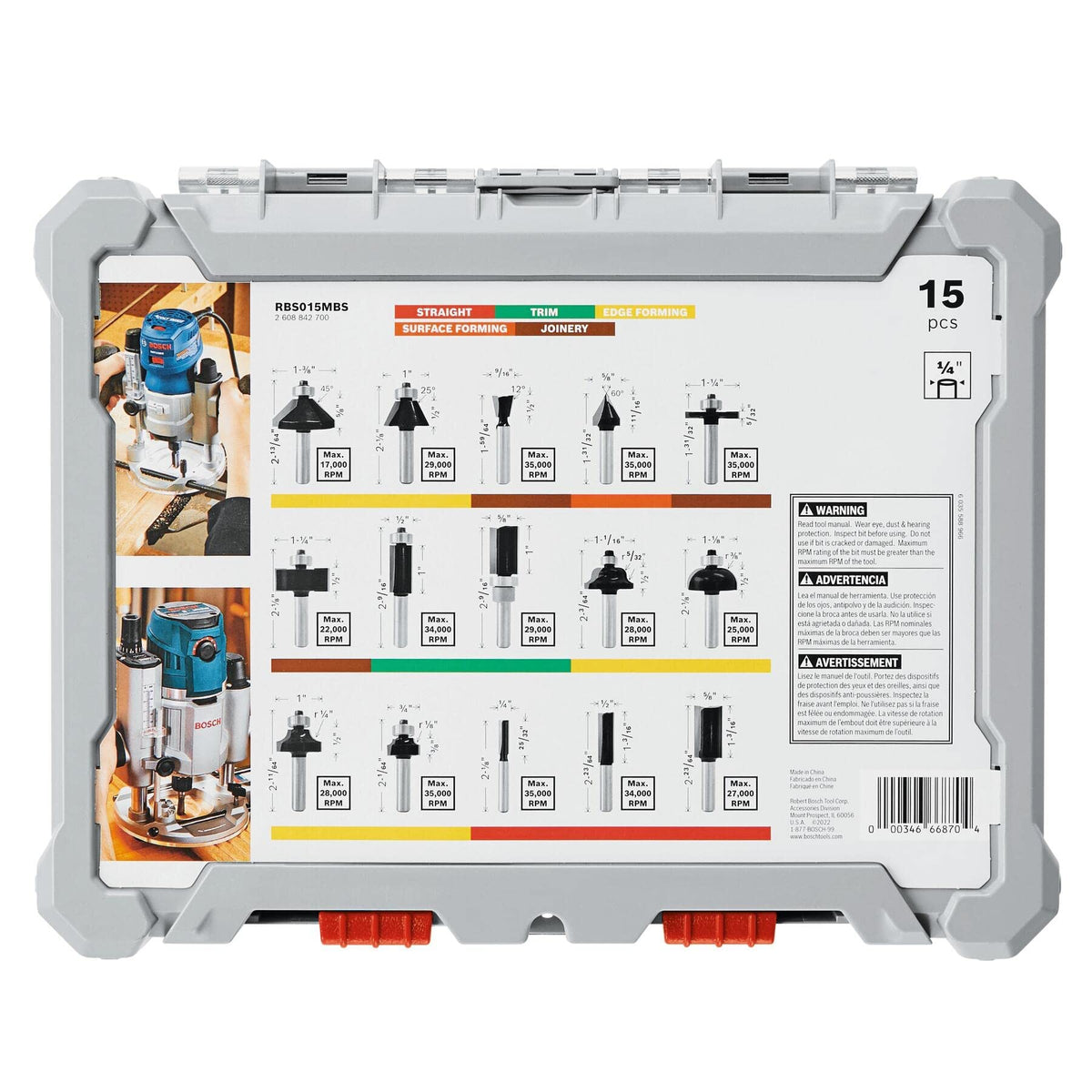 BOSCH 1617EVSPK Wood 12 Amp Router Tool Combo Kit - 2.25 Horsepower Plunge Router & Fixed Base with a Variable Speed&BOSCH 15 pc. Carbide-Tipped Wood Router Bit Set