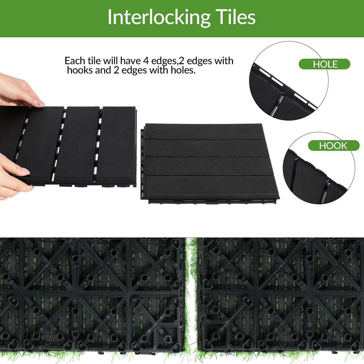 Treela 48 Pcs 12"x12" Plastic Interlocking Deck Tiles and Artificial Grass Tiles Waterproof Patio Balcony Flooring Covers 46.5 Sq. ft for Balcony Patio Deck Flooring Decor