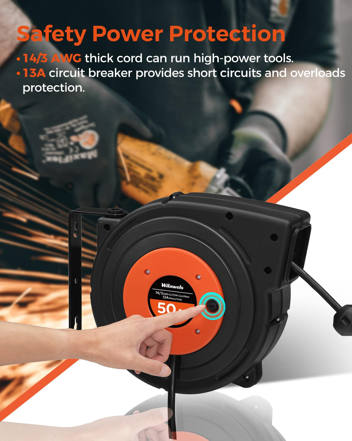 WILAWELS 50 FT 14AWG/3C SJTOW Retractable Extension Cord Reel and 18W 2000LM 25FT LED Work Light Bundle, for Garage, Workshop, Car Repair Scene B50CR06- Y04WL06