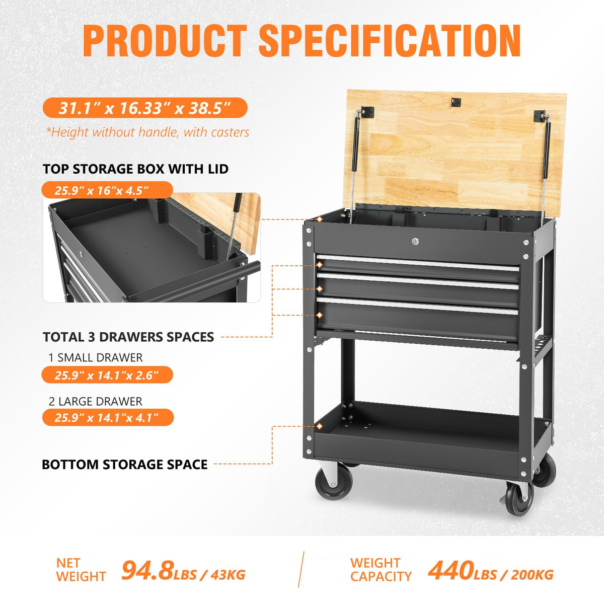 DNA Motoring 3-Drawer Rolling Tools Chest, Rolling Tool Storage Cabinet, Heavy Duty Mechanic Tool Cart, Trolley Organizer for Garage, Warehouse, Workshop, Black, TOOLS-00403