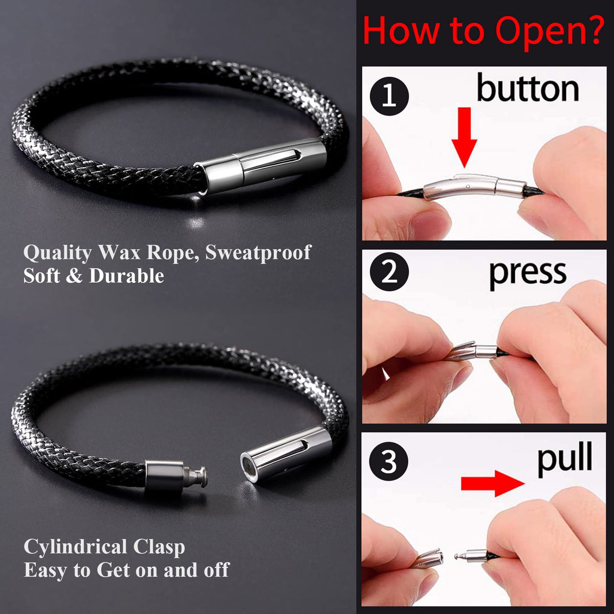 ChainsHouse Leather Bracelet for Men Women 5mm 7.0 inch Waterproof Wristband Bracelet Male Gift