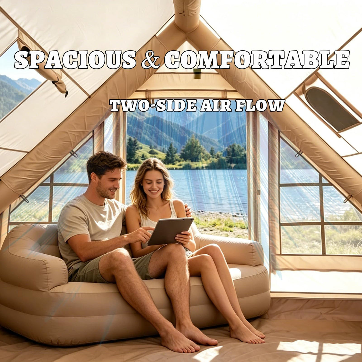 Inflatable Camping Tents with Hand Pump, Air Glamping Tents, Easy Setup Waterproof and Windproof Blow up Tent, 4 Seasons Oxford Cabin Tent with Mesh Window & Stove Jack. (9.8 * 6.9ft)
