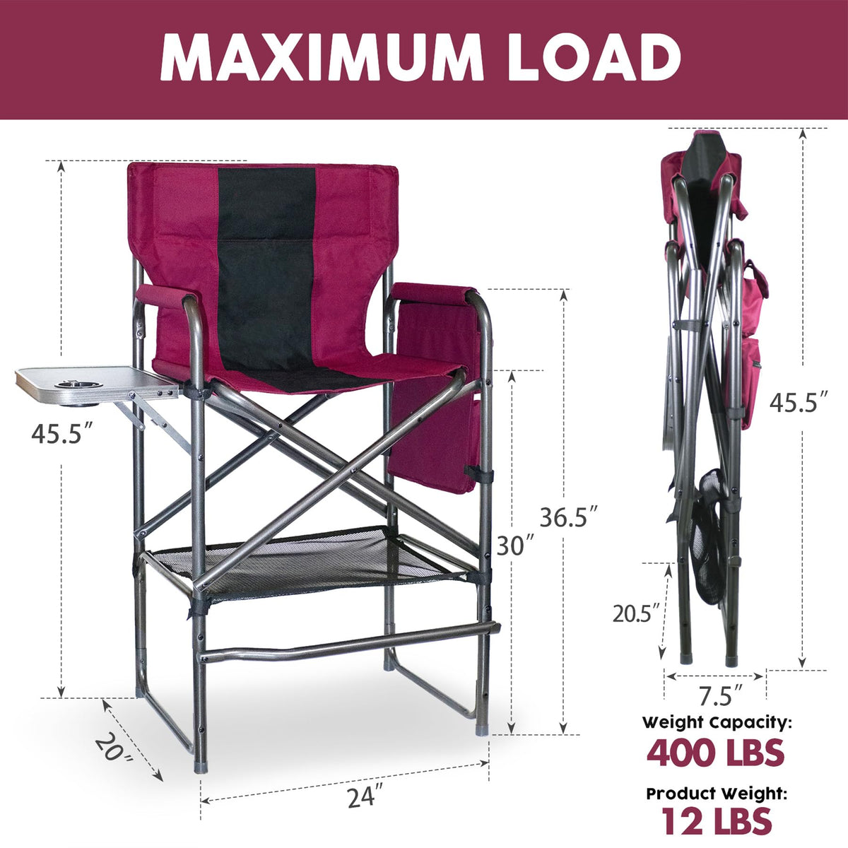Foristrail 30" Tall Directors Chair with Side Table, 400LBS Bar Height Folding Camping Chair for Makeup Artists, Outdoor Events, Portable Foldable Chair with Cup Holder & footrest - Light Wine Red