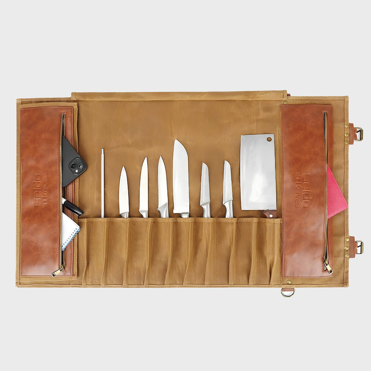 Seido Knives Classic Knife Roll Bag - Heavy Duty Canvas & Leather - Holds 18 Culinary Tools, Including 12 Large Knives, 4 Utensil Slots, and 2 Meat Cleaver Compartments