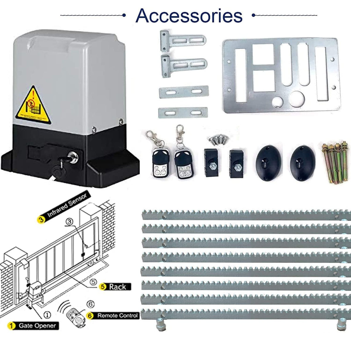 YILIKISS Automatic Sliding Gate Opener Kit Rack Driven Sliding Gate Motor with Remote Controls and Infrared Sensor Electric Gate Operator Complete Kit for Slide Gates Up to 1800 Pounds