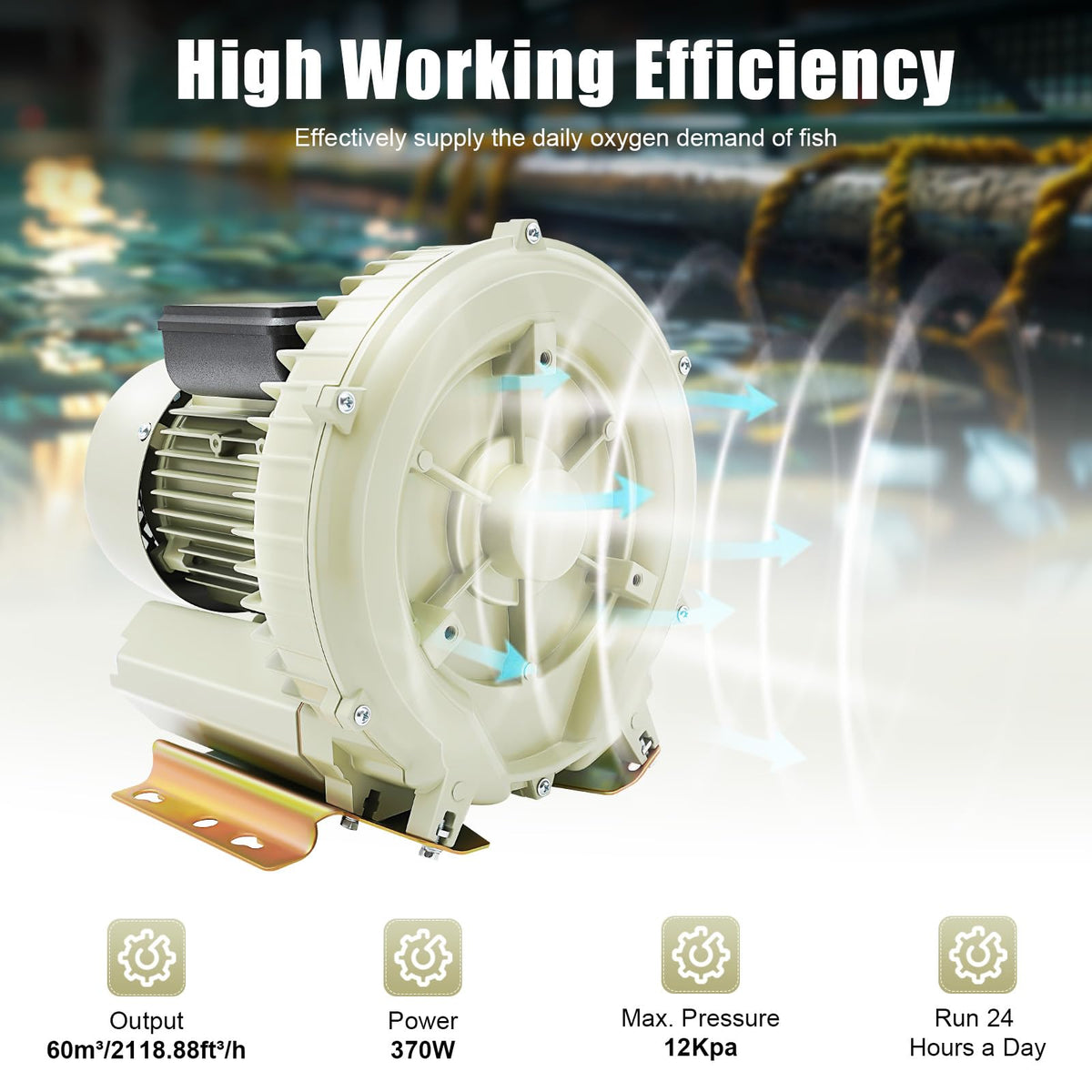 VeenYik Aquaculture Vortex Air Blower, 110V 370W Industrial High Pressure Fish Tank Air Pump Blower, 12Kpa Liquid Filling Machine Durable Oxygen Aerator for Aquarium Seafood Pond