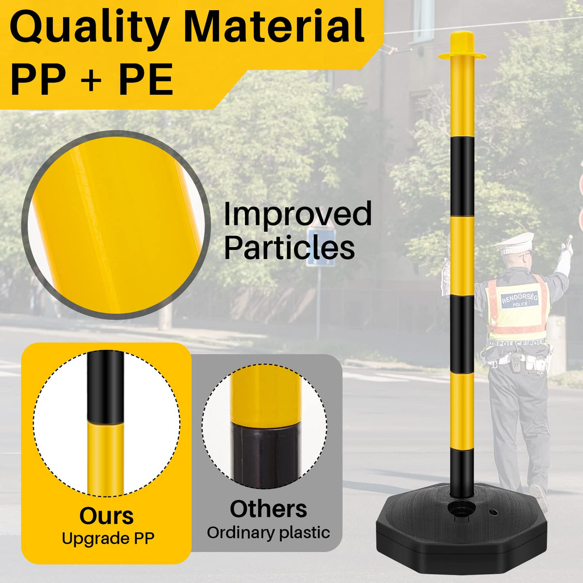 Konohan 12 Sets 34 Inch Parking Cone Delineators Post Traffic Cone Plastic Stanchion Set Stands Parking Barrier with Base 6.6 ft Chain S Hooks Reflective Collar (Yellow,Black)