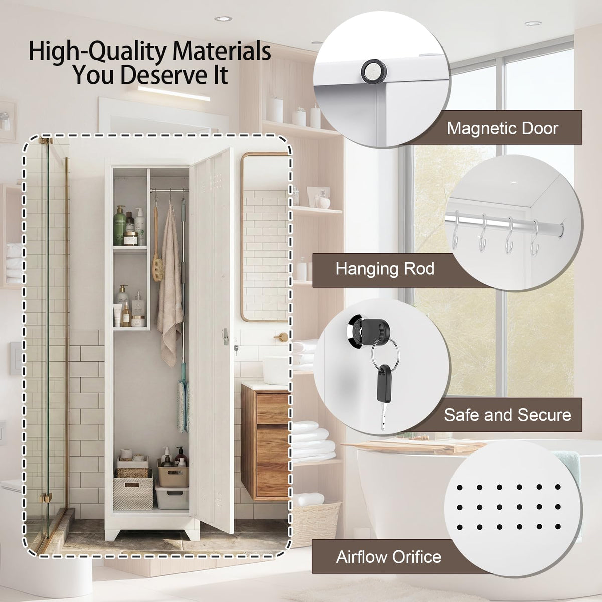 FATIGOS Slim Broom Closet Storage Cabinet, 65" H Metal Cabinets with Lock and Shelves & S-Hooks, Utility Closet, Narrow Storage Cabinets for Home Office, Pantry, Bathroom, Garage, White
