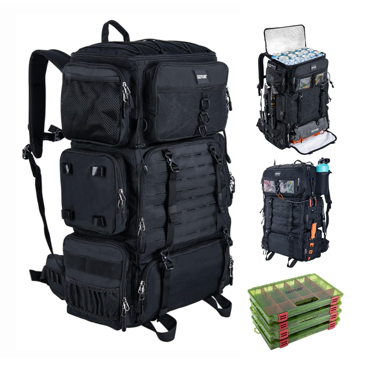 Goture Fishing Backpack with Cooler, 72L 600D Tackle Backpack Included 4 3700 Tackle Boxes, Dry & Wet Split Compartment, Large Fishing Tackle Bag with Rod Holders,Rain Cover for Travel Camping Hiking