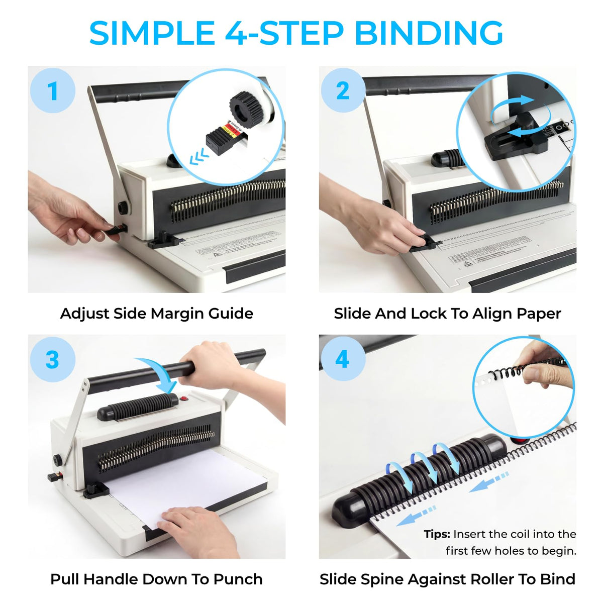 Spiral Binding Machine with Electric Coil Inserter, 20-Sheet Manual Punch, 4:1 Pitch, 46 Fully Disengageable Pins for Versatile Binding - Binds up to 500 Sheets - Includes 100 Coils & Crimping Pliers