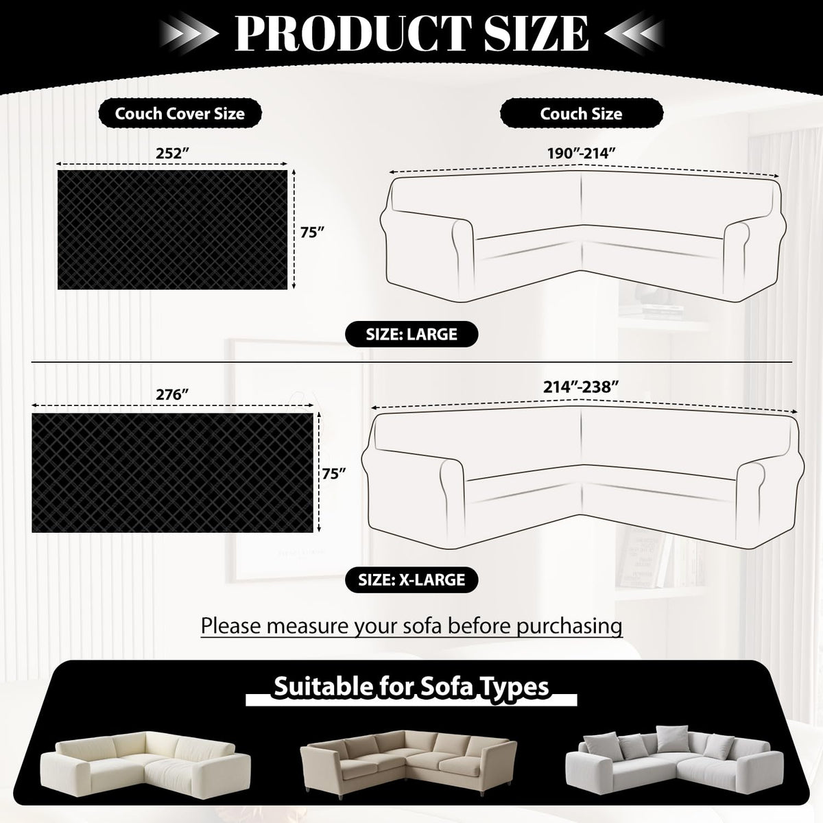 HYZOTEX Waterproof Sectional Couch Covers Sectional Sofa Cover L Shaped Corner Sofa Slipcovers Blanket for Dogs Pets Washable Jacquard Quilted L Shape Furniture Protector (75x276 in, Charcoal Black)
