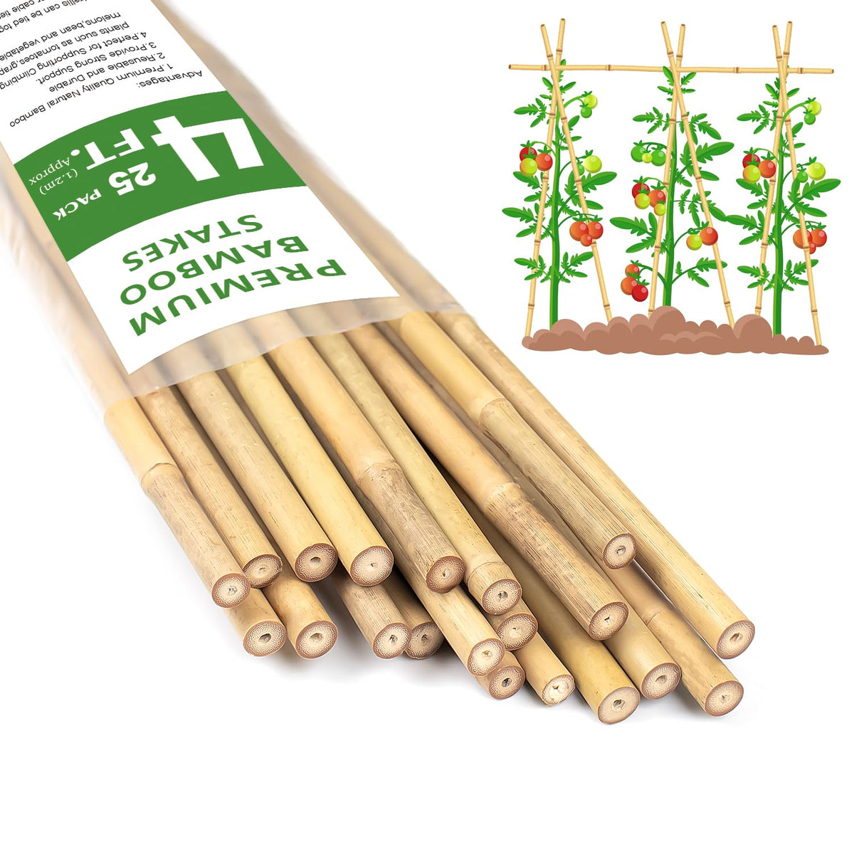 Plant Stakes 4FT, Natural Bamboo Stakes, HAINANSTRY 25Pcs Sturdy Bamboos Garden Stake, Bamboo Sticks for Plants, Beans, Indoor and Outdoor Climbing Plants, Tomato Vegetable Stakes for Garden