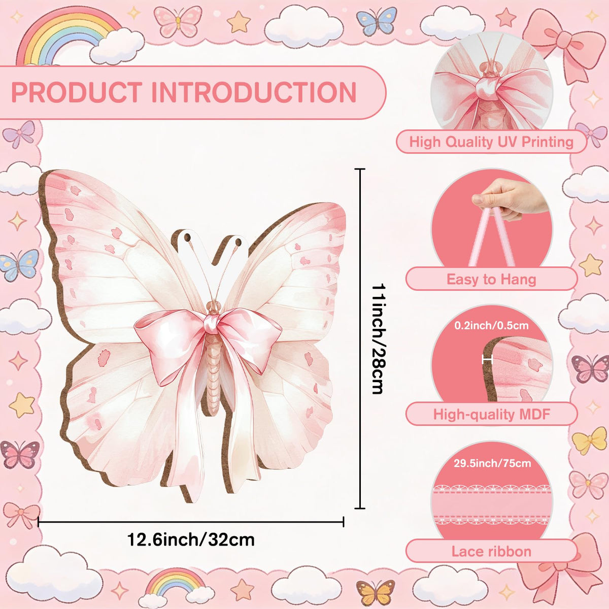 KHJCXS Double Sided Pink Purple Butterfly Wooden Hanging Wall Sign, Cute Coquette Girly Bows Wall Art Decor for Teen Girls Kids Preppy Nursery, College, Bedroom, Dorm, 12.6" × 11.8"