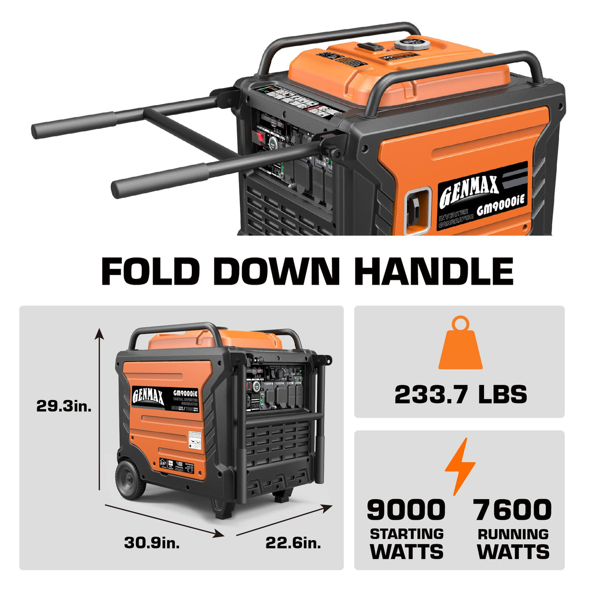 GENMAX Portable Generator, 9000W Super Quiet Gas Powered Engine with Parallel Capability, Remote/Electric Start, Digital Display,EPA Compliant，CO Alarm Ideal for Home Backup Power (GM9000iE)