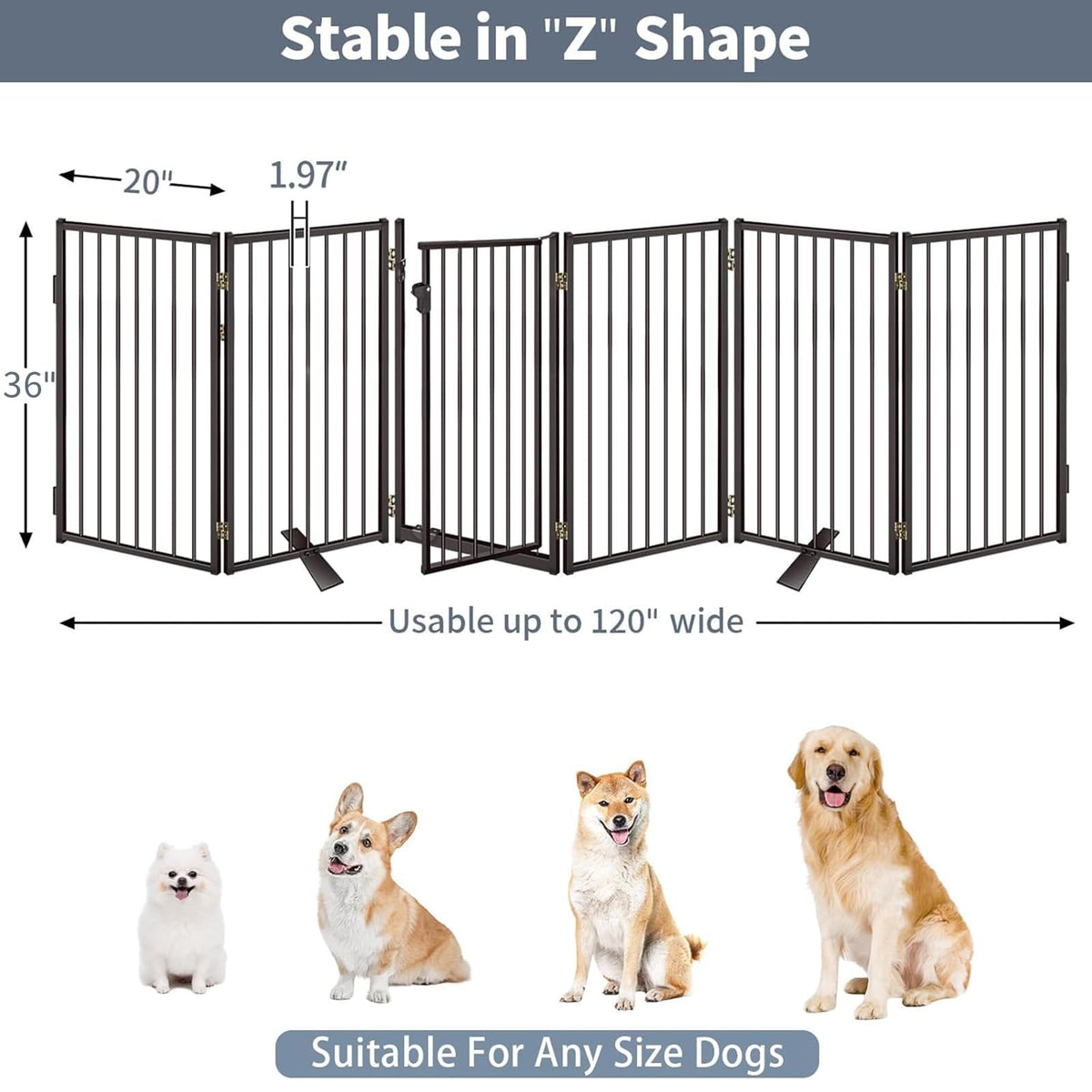 Metal Freestanding Dog Gates with Door for Outdoor Indoor,120'' Extra Wide 36'' Tall Free Standing Dog Gate for Doorways,Large Openings,Deck,Yard,Porch,Foldable Safety Pet Fence(Black,6 Panels)