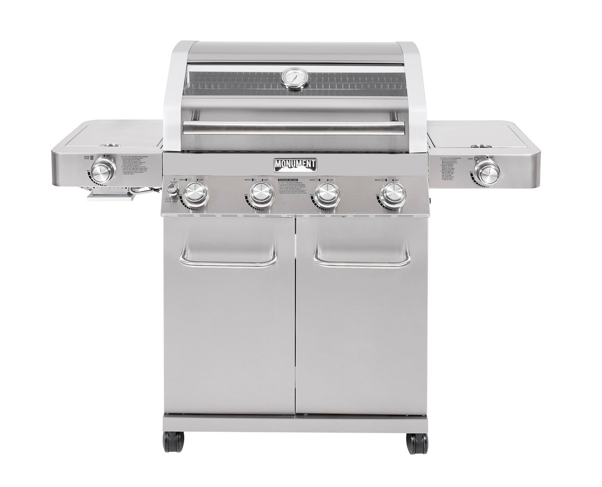 Monument Grills Larger 4+2 Burner Propane Gas Grills Stainless Steel Cabinet Style with Clearview® Lid, Knob Controls, Built-In Thermometer, Infrared Side Sear Burners & Side Burners, Outdoor Use
