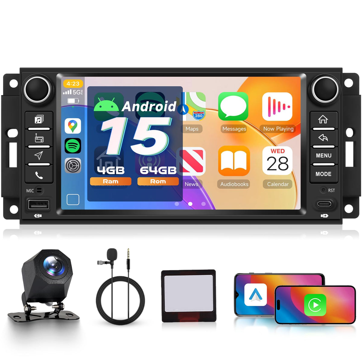 4G+64G Car Stereo forfor Jeep Wrangler JK 2007-2018 Dodge, Wireless CarPlay Android Auto, 7'' IPS Touch Screen Android 15 Car Stereo with GPS, WiFi, Bluetooth, FM, EQ, SWC, Backup Camera