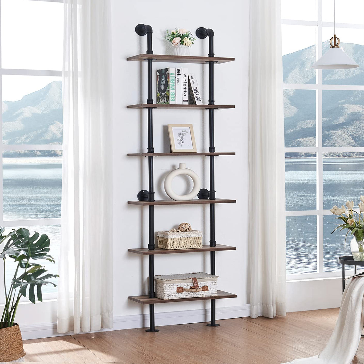 HOMBAZAAR Industrial Pipe Bookshelf,6 Tier Pipe Shelving,Wall Mounted Ladder Shelves with Metal Frame for Home Office,Living Room,Oak Brown