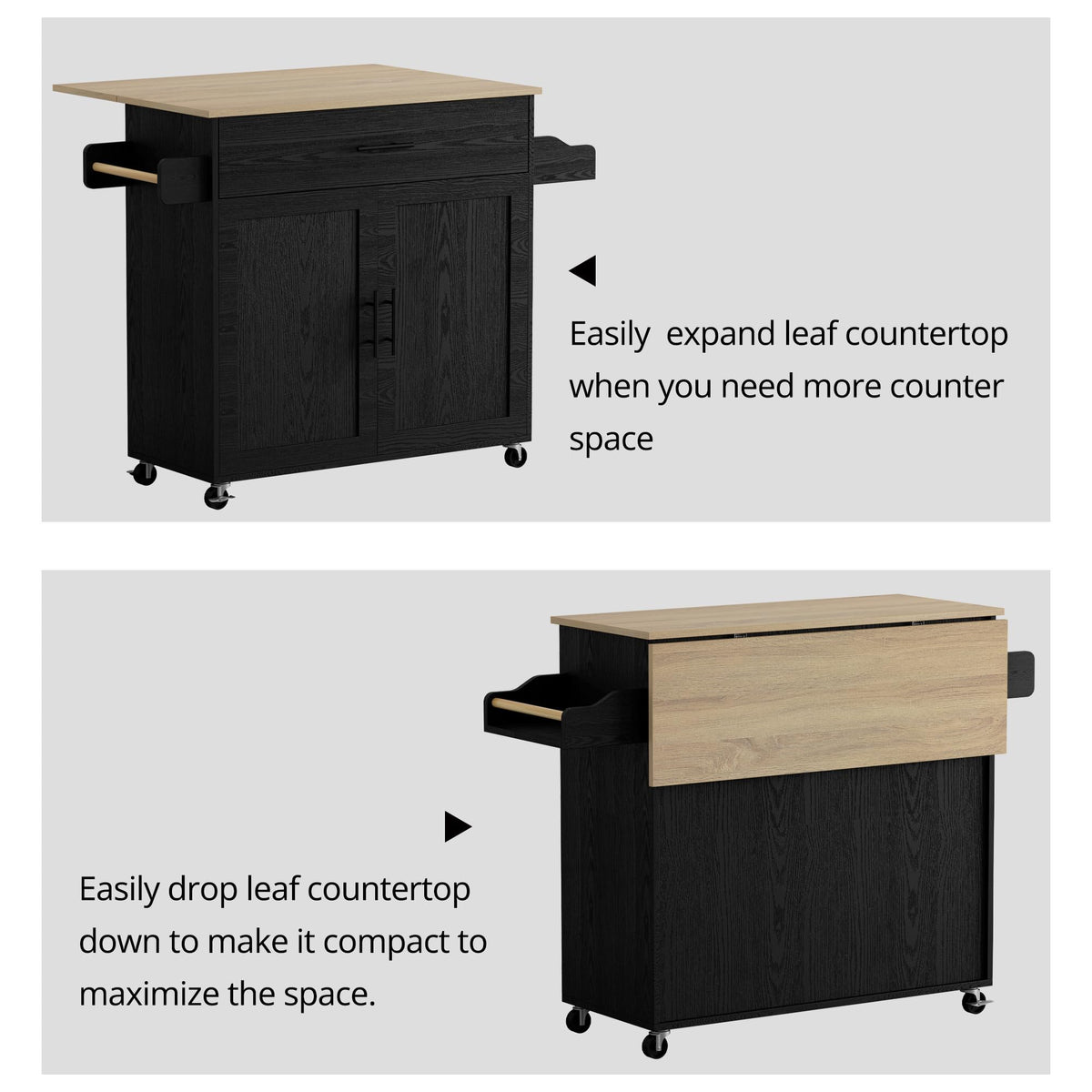 IRONCK Rolling Kitchen Island Table on Wheels with Drop Leaf, Storage Cabinet, Drawer, Spice/Towel Rack, Kitchen Cart, 47.25" Wide Black