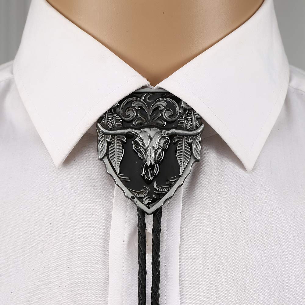 joymiao Leather Bolo Tie Vintage Adjustable Cowboy Neck with Round Silver Pendant Handmade Western Cow Skull Design Necktie