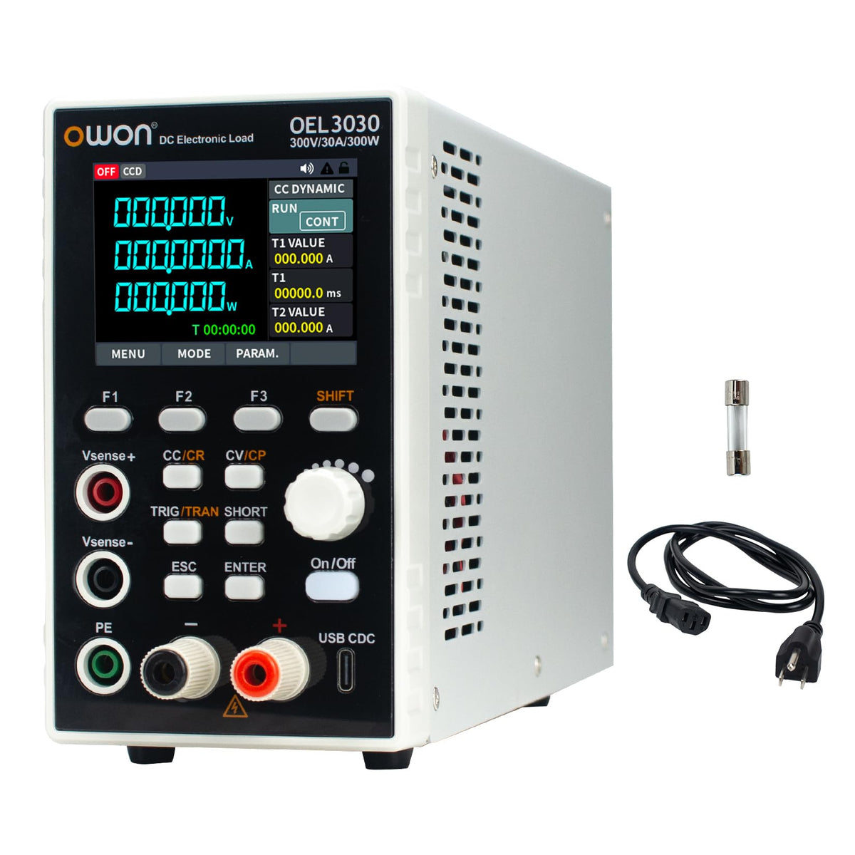 OWON Programmable DC Electronic Load OEL3030, DC 300V 30A Maximum 300W, USB/RS232, CV CC CR CP 4 Operation Modes, 5kHz Dynamic, Lab Bench Power Tester with 2.8” TFT Color LCD Display