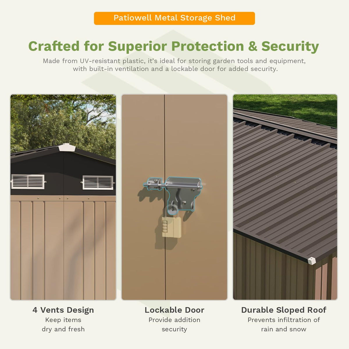 Patiowell 10 x 12 FT Metal Storage Shed for Outdoor with Floor Frame, Steel Yard Shed with Design of Lockable Doors, Utility and Tool Storage for Garden, Backyard, Patio, Outside use,Brown