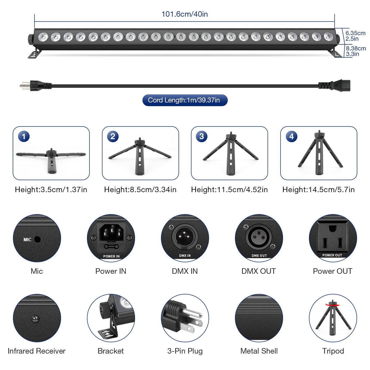OPPSK Stage Wash Light Bar for DJs: 120W RGBW Wall Wash Lights with RGB Background LEDs - APP IR Remote & DMX Control - Sound Activated Lighting - Easy Setup with Tripod for Wedding Party Church Band