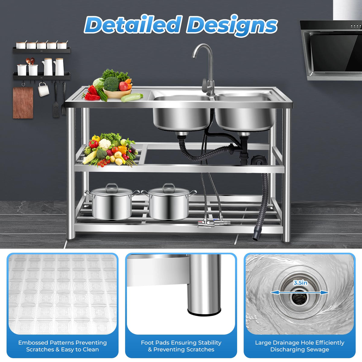 3 Compartment Commercial Grade Stainless Steel Utility Sink, Free Standing Laundry Tub with 2 Faucetse, 39x18x35.8 Inch Heavy Duty Kitchen Sink for Restaurant, Bar, Coffee Shop (2 Sink-2)
