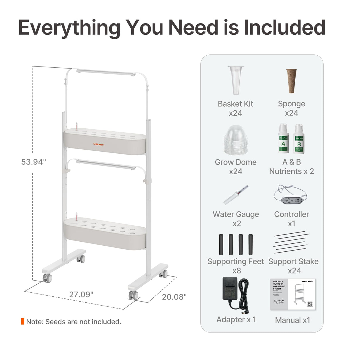 SUNCOZE 2-Tier Hydroponics Growing System Kit with 24 Pods – Full Spectrum Grow Lights, Hydroponic System equipped with smart controller, Indoor Herb Garden Kit for Vegetables, Herbs, Fruits & Flowers