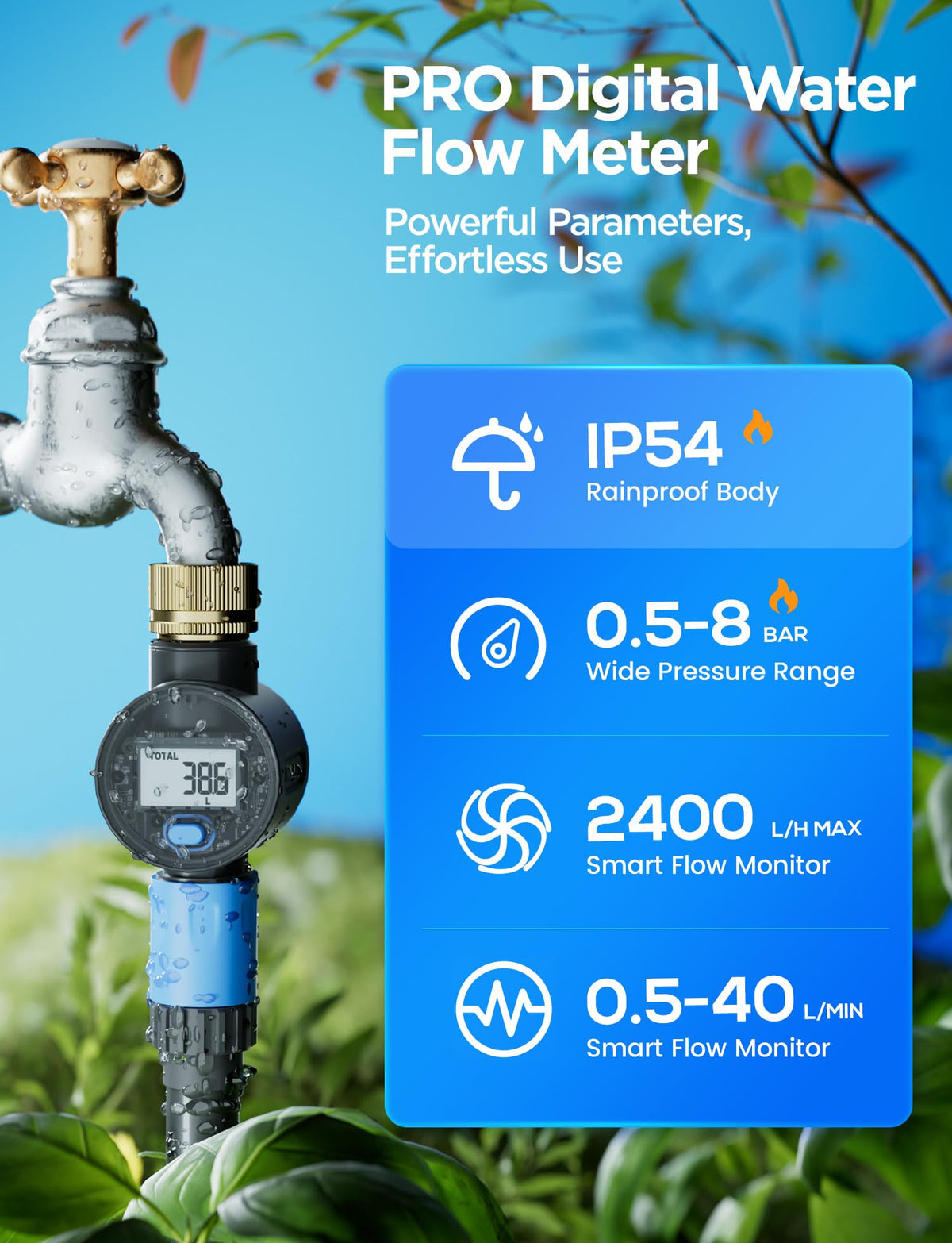 Water Flow Meter with Brass Inlet, Measuring Gallon/Liter Consumption and Flow Rate for Outdoor Garden Hose Watering, RV Essentials Water Tank Filling, Sprinkler and Nozzle Sprayer (1 Pack)