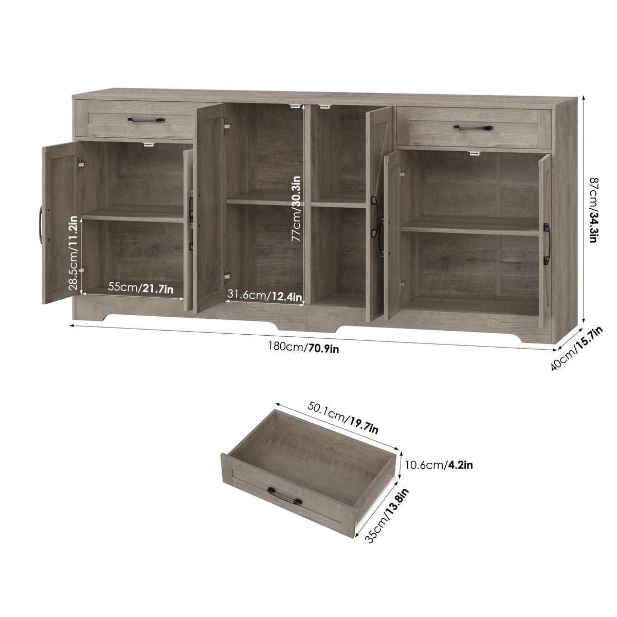 BOTLOG 71” Large Sideboard Buffet Cabinet with Storage, Farmhouse Kitchen Buffet Cabinet with Adjustable Shelves and 6 Barn Doors, Wood Coffee Wine Bar Console Table, White, Ash Grey (Ash Grey)