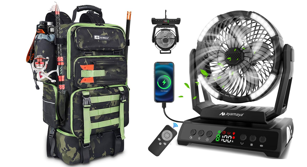 ayamaya Rechargeable Fan + Cooler Fishing Backpack, 20000mAh Fan with Remote, 9 Speeds, 45L Tackle Backpack with Insulated Lunch Bag for Fishing Camping