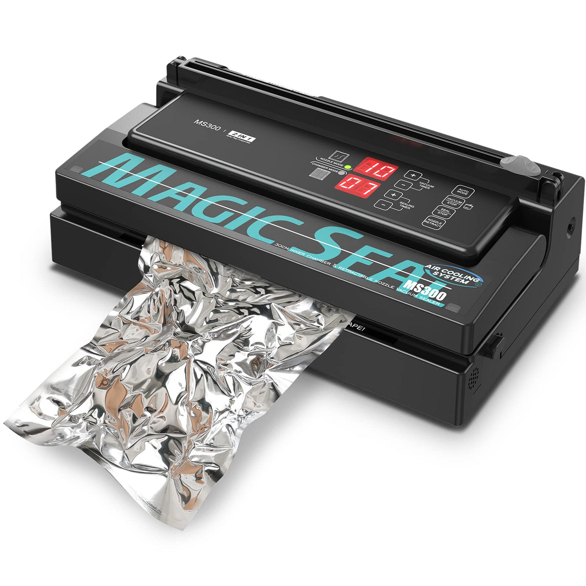 MAGIC SEAL Commercial Dual Mode Vacuum Sealer - for Textured & Smooth/Mylar Bags, 190W Food Sealer Vacuum Packing Machine with Auto Cooling System, Adjustable Air & Seal Settings -MS300