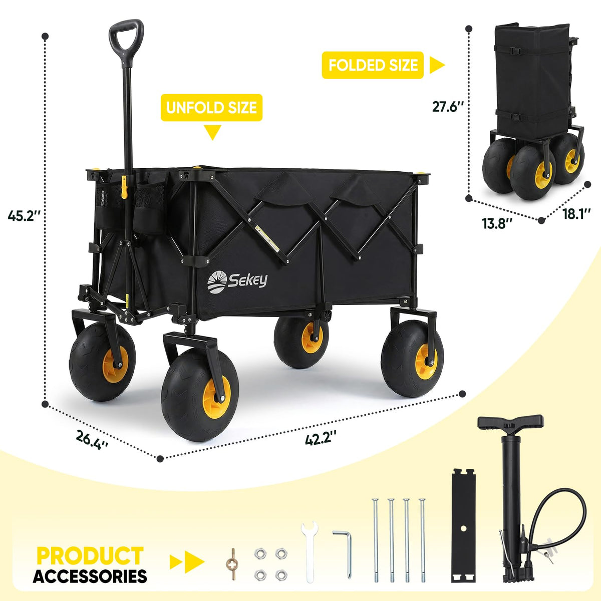 Sekey Heavy Duty Beach Wagon with 9" Big Sand-Proof Wheels – 600lb Capacity, 200L Oversized Foldable Cart | Adjustable Handle & All-Terrain Tires for Sand, Camping, Groceries