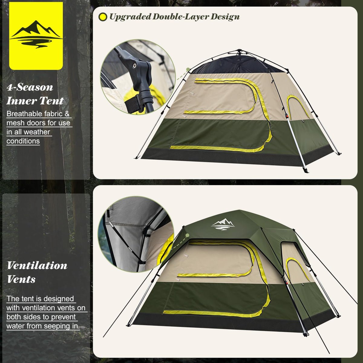 4 Person Instant Camping Tent - Waterproof Pop Up Tents for Camping with Rainfly, Large Family Tent with Pre-Attached Poles, 60S Easy Setup, Upgraded Ventilation with Welcome Mat