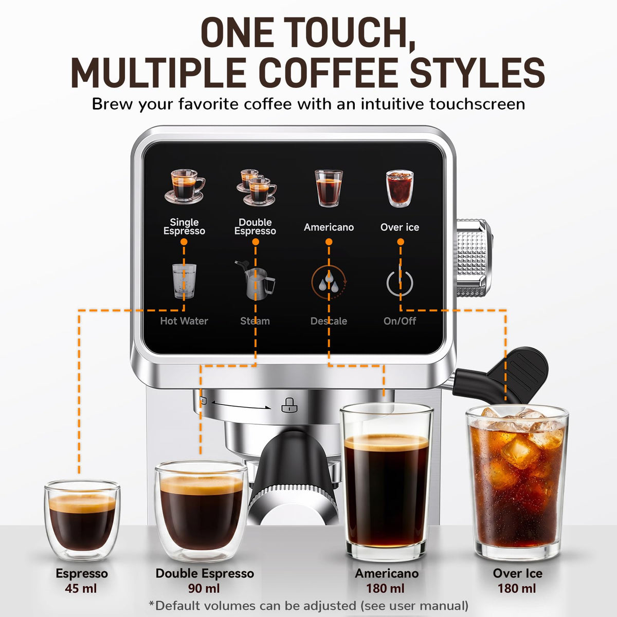 Mecity 20 Bar Espresso Machine with Milk Frother, Touchscreen Coffee Maker for Espresso, Americano & Over Ice Coffee, Compact Stainless Steel Latte & Cappuccino Maker