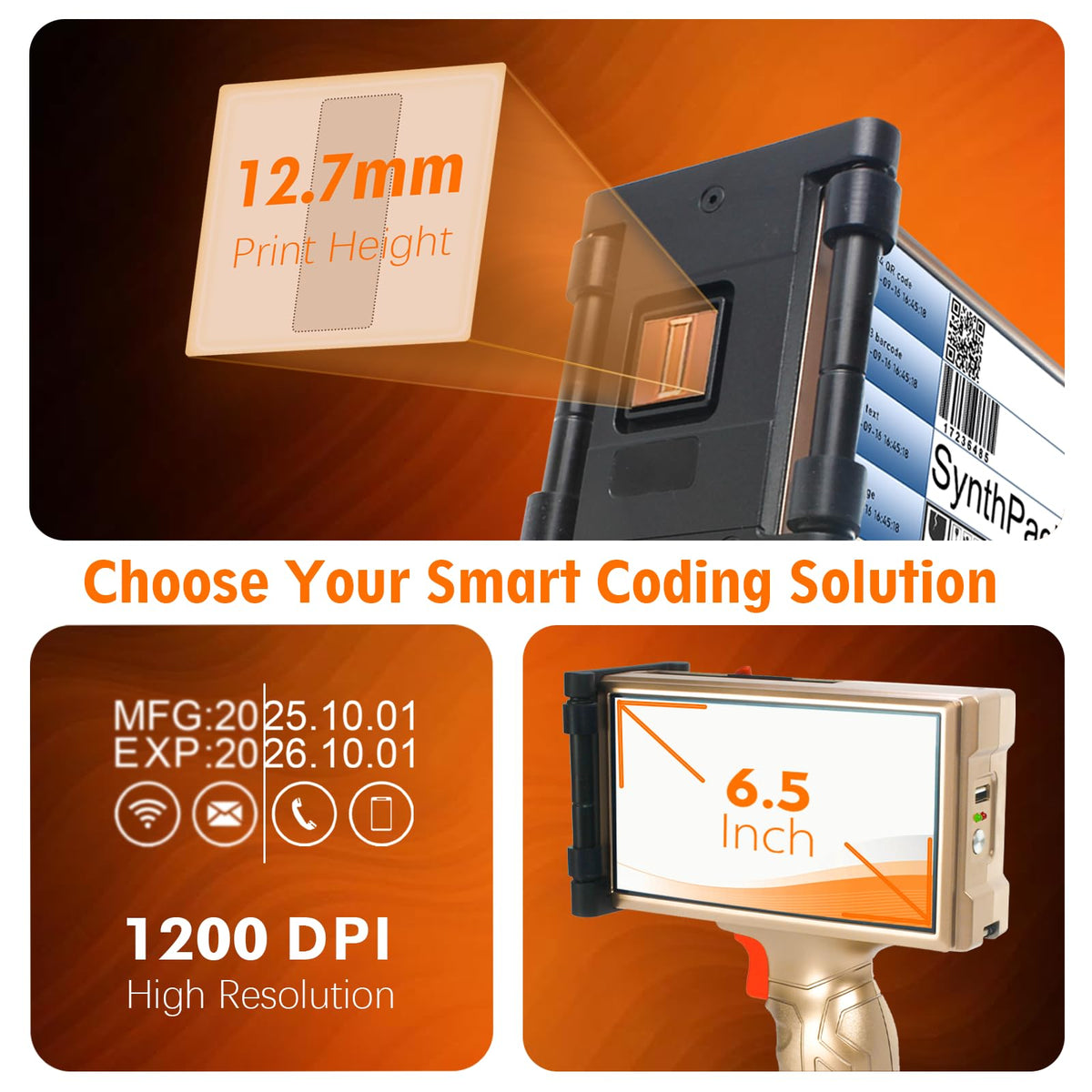 Handheld Inkjet Printer, 1200 DPI Portable Handheld Printer with 6.5 Inch Touchable Screen, 0.5 Inch Print Height for Printing QR Barcode Batch Number Logo on Plastic Carton Wood Metal Glass (SH1)