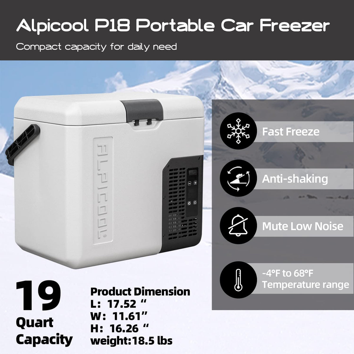 Alpicool P18 Portable Fridge 12 Volt Car Refrigerator 19 Quart Freezer for Fishing, Camping, RV, Truck, Boat-12/24V DC
