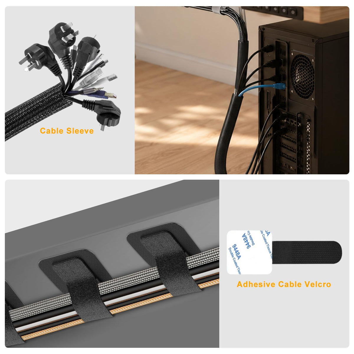 353 PCS Cable Management Kit - 1 Cable Management Box, 4 Cable Sleeve Split, 130 Adhesive Cable Clip, 17 Cable Holder, 1 Roll Cable Organizer Strap, 150 Cable Tie with 50 Mount, for Computer Desk TV