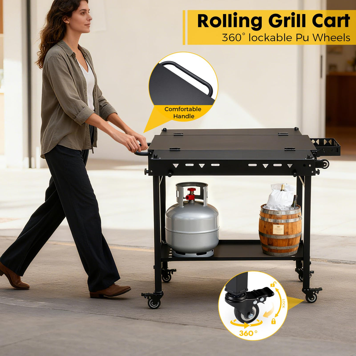 GVGBUK Portable Outdoor Grill Table with Wheels, Heavy-Duty Steel Prep Table, Folding Griddle Stand with Shelves, Bottle Opener, No Assembly Required, for BBQ, Pizza Oven, Patio