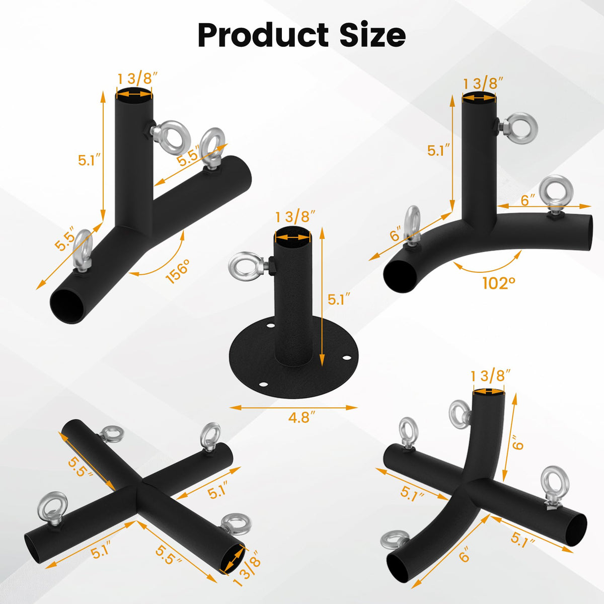 Neorexon 1 3/8'' Canopy Fittings for 6 Leg Carport Frame Parts, Black Canopy Pipe Fittings with Eye Bolts, Carport Frame Kit Low Peak Connectors with 156 Degree Angle(15Pcs)